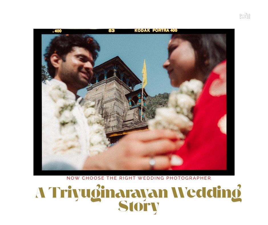 Sanjog Diaries destination wedding photographer capturing a couple at Triyuginarayan Temple, Uttarakhand.